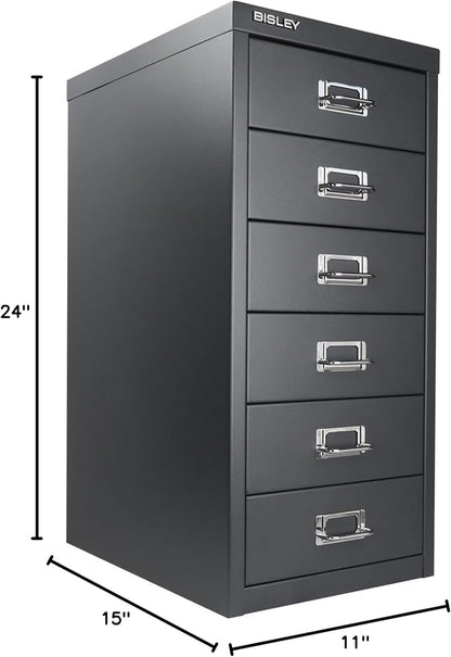 Bisley 6-Drawer Steel MultiDrawer Cabinet - Anthracite Grey | Chrome Pull Handles with Label Holders, Powder-Coated Steel, Removable Drawers, Fits Under Most Desks, Labels Included