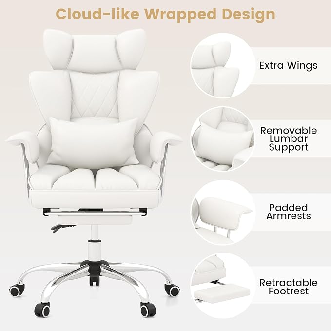 COSTWAY 400 LBS Big and Tall Office Chair, PU Leather Executive Desk Chair w/Retractable Footrest, Reclining Function, Lumbar Support, Ergonomic High Back Home Computer Task Chair, White