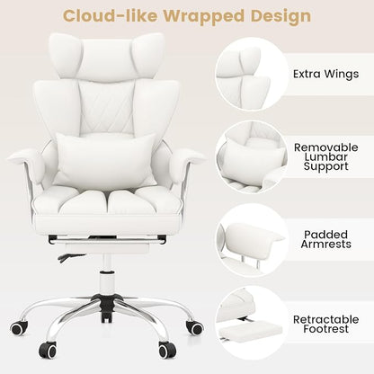 COSTWAY 400 LBS Big and Tall Office Chair, PU Leather Executive Desk Chair w/Retractable Footrest, Reclining Function, Lumbar Support, Ergonomic High Back Home Computer Task Chair, White