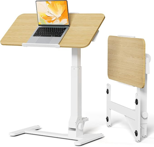 JOY worker Foldable Overbed Bedside Table, 180° Tiltable Mobile Standing Desk with Wheels, 31.5" Height Adjustable Rolling Laptop Desk for Home & Hospital Use, Easy Storage, Maple