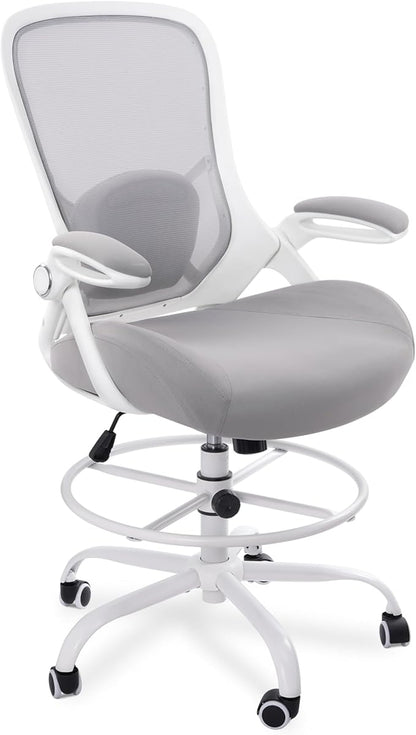 HYLONE 400lbs Heavy Duty Drafting Chair 5" Thickened Seat Office Chair with Flip-Up Armrests Tall Ergonomic Computer Chair with Lumbar Support and Adjustable Footrest Ring Standing Desk Chair (Grey)