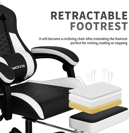 Gaming Chair with Massage,Ergonomic PC Gaming Chair with Footrest Comfortable Headrest and Lumbar Support,High Back PVC Leather,300LBS (Black White)