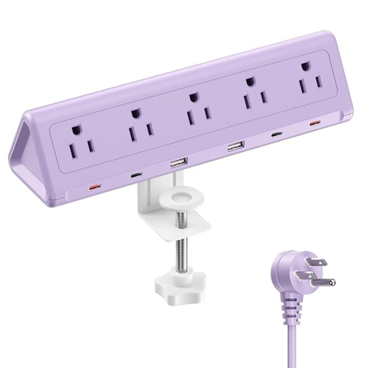 6.5 FT Desk Clamp Power Strip with 5 AC Outlets & 6 USB Ports PD 40W USB-C Fast Charging, 1250J Surge Protector, Fits 2.1 in top Edge (Purple