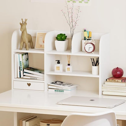 Cute Bookshelves Cute Bookshelf for Desk Kawaii Desk Organizer with Drawer Office Desk Organizers and Accessories Storage Home Decor Display (White)