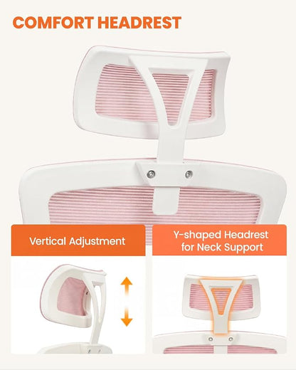 NEO CHAIR Office Chair High Back Desk Mesh Chair Comfy Computer Gaming Seat with Adjustable Ergonomic Headrest Lumbar Rolling Flip-up Armrests and Wheels (Pink)