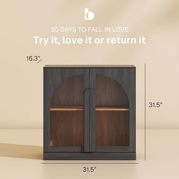 BELLEZE 31.5" Kitchen Storage Cabinet with Adjustable Shelves,Freestanding Accent Cabinet with Fluted Arched Design & Wood Handles,Modern Credenza for Living Room,Dining Room,Entryway - Ebony