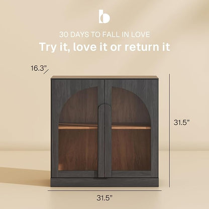BELLEZE 31.5" Kitchen Storage Cabinet with Adjustable Shelves,Freestanding Accent Cabinet with Fluted Arched Design & Wood Handles,Modern Credenza for Living Room,Dining Room,Entryway - Ebony