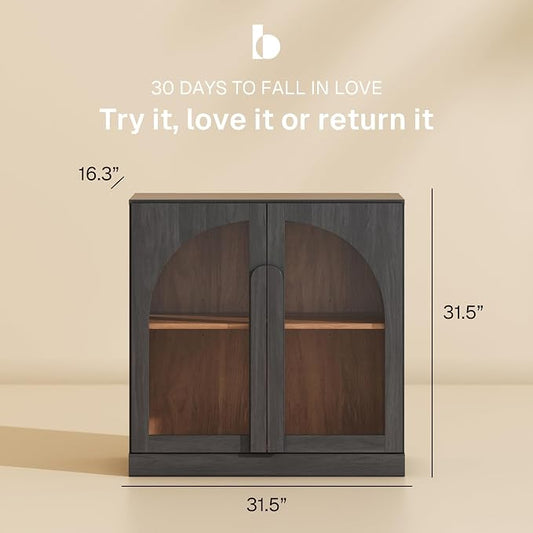 BELLEZE 31.5" Kitchen Storage Cabinet with Adjustable Shelves,Freestanding Accent Cabinet with Fluted Arched Design & Wood Handles,Modern Credenza for Living Room,Dining Room,Entryway - Ebony