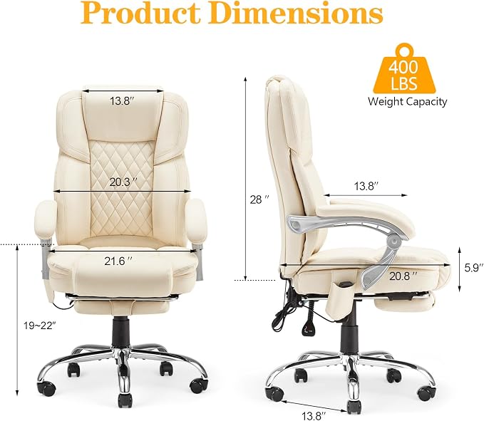 HOMREST Executive Office Chair with Footrest, 6-Point Massage Office Chair with Reclining Backrest, Heated Leather Computer Chair for Home Office(Cream)