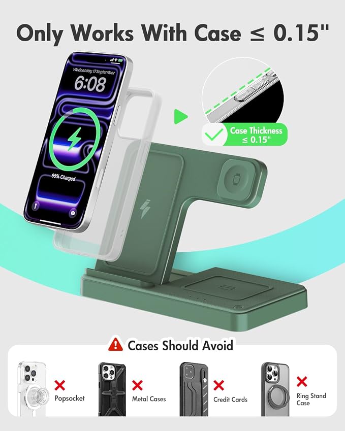 Wireless Charger Stand Charging Station: 3 in 1 Charger Multiple Devices for Apple iPhone 17 16e 16 15 14 Pro Max 13 12 11 for Watch 11 10 9 8 7 6 5 4 3 2 SE and Ultra & Airpods Series, Dark Green