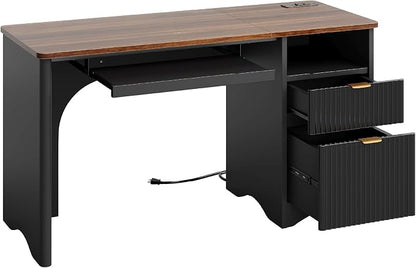 Bestier Computer Desk with Keyboard Tray, 55 inch Office Desk with Power Outlet, Modern Home Office Desk with File Drawer (Walnut with Black, 55" W with Single-Sided Drawers)