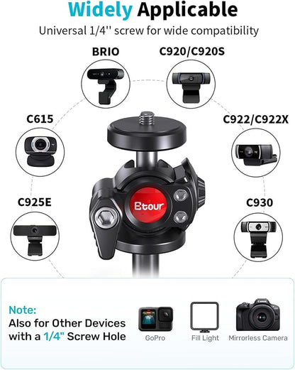 Webcam Tripod Stand for Desk, Newly Upgraded Small Base & 360° Ballhead & Height Adjustable, Ideal for Logitech Webcam C922 C930e C920 C615 C960 BRIO 4K NexiGo N60, Phone Holder with 1/4" Thread