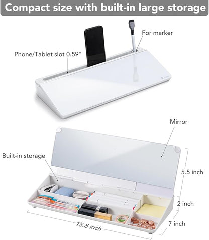 Varhomax Glass Desk Whiteboard with Built-in Mirror, Desktop Organizer Dry Erase White Board with Storage, to Do List Memo Notepad for Home Office and School Supplies