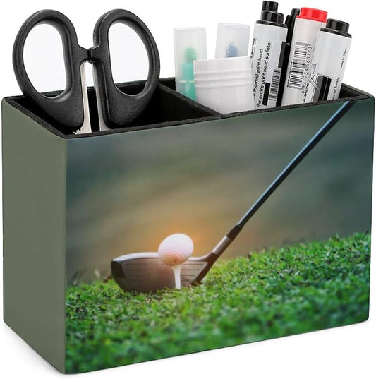 Pen Holder, Pencil Holder for Desk Organizer, Golf Theme Sport Ball PU Leather Pencil Cups Desktop Stationery Storage Makeup Brush Holder Pen Organizer for Office Home