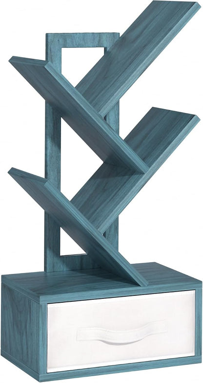 SHEEPAM Small Book Shelf with Drawer,4 Tier Black Tree Bookshelf,Blue Desktop Bookcase,Modern Desk Display Storage Bookshelves,Floor Standing Organizer Bookcases for Living Room,Bedroom,Office