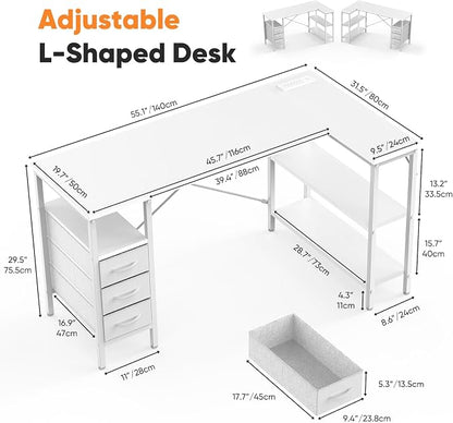 Simple Deluxe L Shaped Gaming Desk with Power Outlets, 55 Inch Computer Desk with 3 Drawers, Shelves, Corner Computer Desk for Gaming, Corner Work, Home Office, Study, White