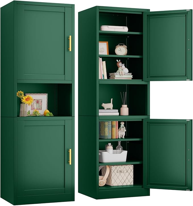 pozdeg 67" Tall Narrow Storage Cabinet, Metal Bathroom Cabinet with 2 Doors & 4 Adjustable Shelves, Freestanding Slim Pantry Organizer for Bathroom Kitchen Living Room (Green)