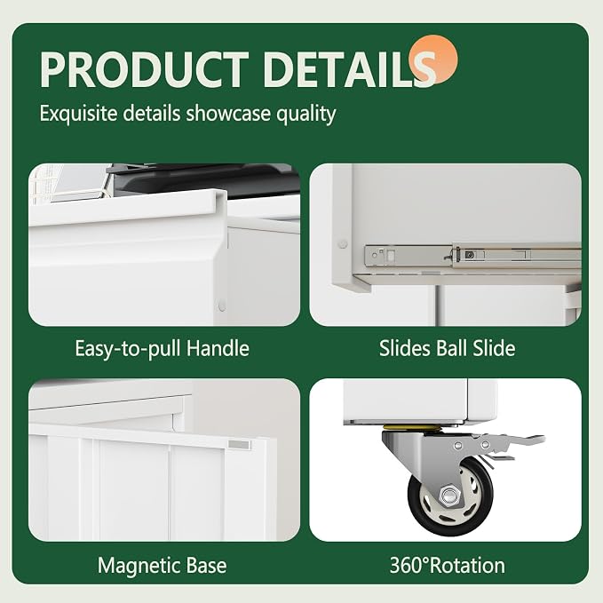 winiowa Mobile 3-Drawer File Cabinet with Wheel, Metal Lateral Rolling Printer Stand Filing Cabinets with Lock, Office Storage Cabinet for Office, Home, Garage, School, Gym-White