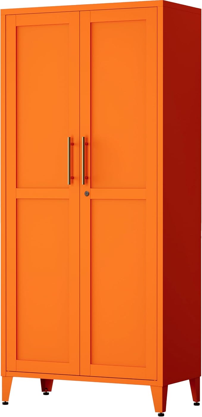 Metal Storage Cabinet with Lock,Orange Steel Tool Cabinet with 3 Adjustable Shelves,61 Tall Freestanding Heavy Duty Garage Locker for Home Office Kitchen 61" H X 27.6" W X 13.8" D