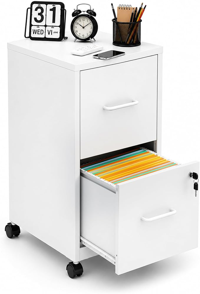 SAWJEC 2 Drawer Metal File Cabinet with Lock, White Mobile Filing Cabinet for Home Office, Assembly Required, Vertical Locking File Cabinet with Letter Size Hanging Files, 17.7" D x 15.0" W x 26.8" H