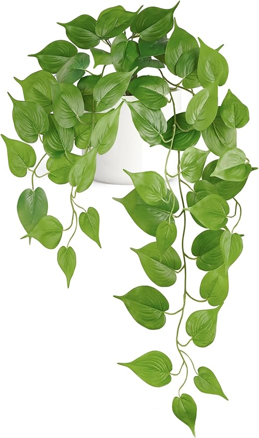 Mkono Fake Hanging Plants with Ceramic Pot, 25" Artificial Plants for Home Decor Indoor Faux Green Leaf Plant with Modern White Planter for Desk Shelf Bathroom Decoration (Pothos) (Green)
