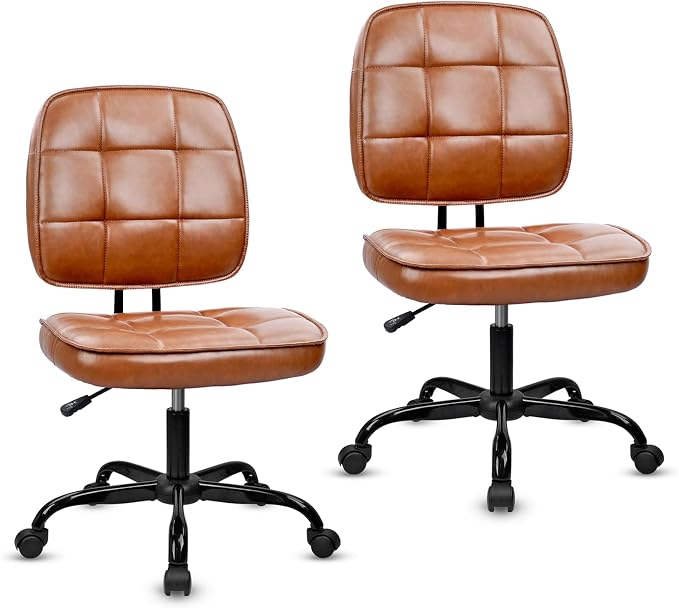 CLATINA Home Office Chair No Arms with Wheels, Armless Small Leather Ergonomic Low Back Desk Chairs Adjustable Height 360° Swivel Rolling Computer Task Chair for Work Conference Room, Brown, 2 Pack