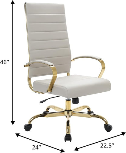 LeisureMod Modern High-Back Leather Office Chair - Swivel & Adjustable Executive Desk Chair with Gold Frame, Ergonomic Design for Home & Office (Tan, Set of 4)