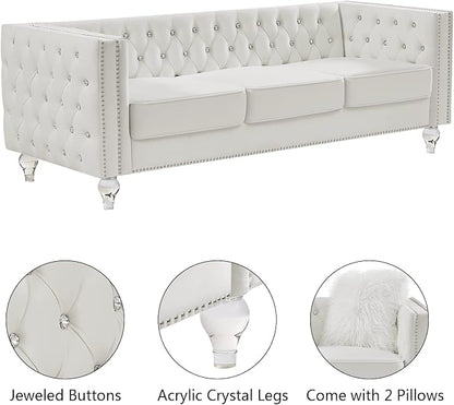 Mikibama Velvet 3 Seater Sofa Couch with Buttons and Square Arms 83.07 Inch Tufted 3-seat Sofas with Trimmed Nailhead and Acrylic Legs Modern Couches for Living Room,Bedroom (Beige-crystal Legs, Sofa)