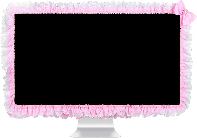 32"-38" Lovely Cute Computer Monitor Cover with Lovely Cute Elastic Pen Pocket Bow-knot TV LCD Screen Monitor Decoration Dust Cover Protector, Lace Fabric- Pink