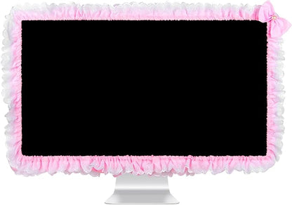 32"-38" Lovely Cute Computer Monitor Cover with Lovely Cute Elastic Pen Pocket Bow-knot TV LCD Screen Monitor Decoration Dust Cover Protector, Lace Fabric- Pink
