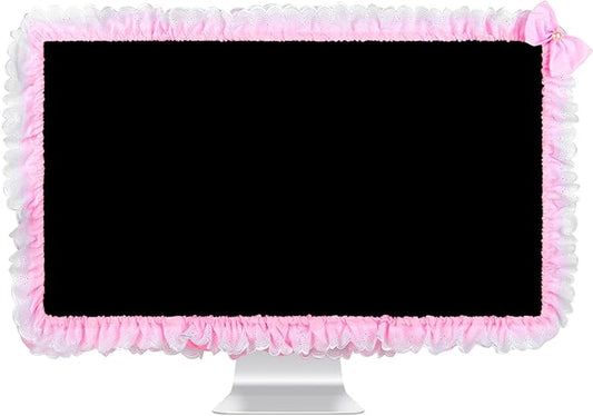 32"-38" Lovely Cute Computer Monitor Cover with Lovely Cute Elastic Pen Pocket Bow-knot TV LCD Screen Monitor Decoration Dust Cover Protector, Lace Fabric- Pink