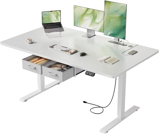 HLDIRECT 55" Electric Standing Desk with Outlets & 2 Drawers, White | 31.5" extra-wide desktop, 176lb, 28.3"- 46" height range, 3 memory presets, home office ergonomic workstation
