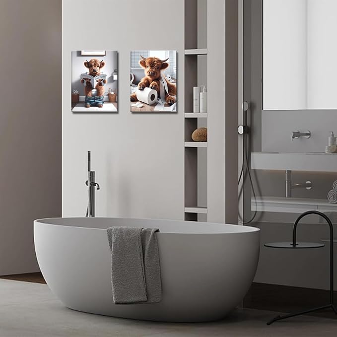 Highland Cow Funny Bathroom Wall Art Set of 3 Brown Cute Cow Animal Canvas Posters Prints Vintage Rustic Farmhouse Home Pictures Wall Decor Painting for Bathroom Restroom 16x24Inch Framed