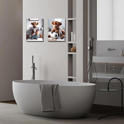 Funny Bathroom Highland Cow Wall Art Set of 3, Brown Cute Cow Animal Canvas Posters Prints Wall Decor, Vintage Rustic Farmhouse Home Painting Pictures for Kids Room Restroom Framed 12x16 Inch