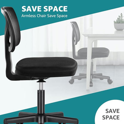 OLIXIS Armless Office Chair, Ergonomic Desk Chair with Wheels, Mesh Back, Removable Washable Foam Cushion, Height Adjustable Rolling Swivel Chairs for Small Space, Home, Office, Black