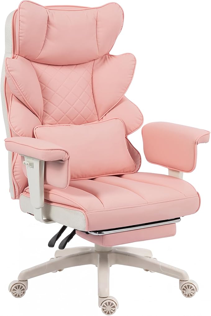 Dowinx Big and Tall Office Chair with Pocket Springs Cushion,High Back Computer Gaming Chairs with Adjustable Armrests,Executive Desk Chairs with Lumbar Support and Footrest,PU Leather-Pink