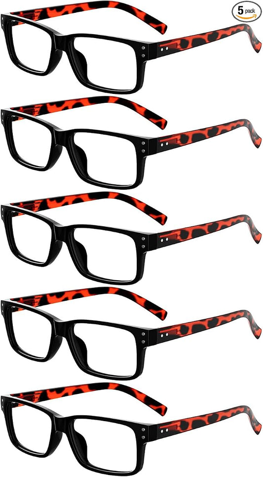 Eyekepper Vintage Eyeglasses for Men - 5 Pack Spring Hinges Classic Glasses - Black Frame with Tortoie Arms +0.00
