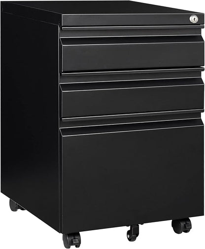 3 Drawer File Cabinet with Lock, Steel Mobile Filing Cabinet on Anti-tilt Wheels, Rolling Locking Office Cabinets Under Desk for Legal/Letter Size (Black)