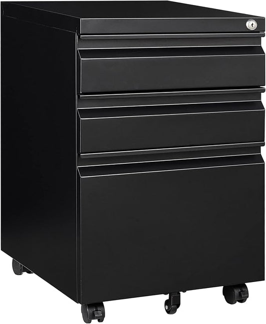 3 Drawer File Cabinet with Lock, Steel Mobile Filing Cabinet on Anti-tilt Wheels, Rolling Locking Office Cabinets Under Desk for Legal/Letter Size (Black)