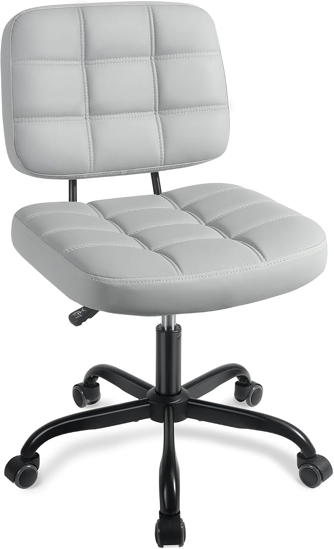 Armless Home Office Desk Chair - Small Swivel Office Desk Chairs with Rolling Wheels - Adjustable PU Leather Computer Chair with Comfy Low Back - For Small Space, Bedroom, Home, Vanity - Light Gray