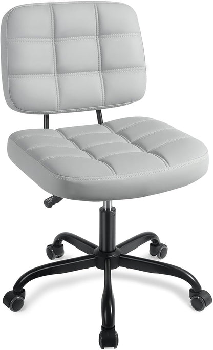 Armless Home Office Desk Chair - Small Swivel Office Desk Chairs with Rolling Wheels - Adjustable PU Leather Computer Chair with Comfy Low Back - For Small Space, Bedroom, Home, Vanity - Light Gray