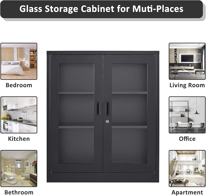 SISESOL Black Metal Storage Cabinet with Doors and Shelves,36 inch Locking Display Cabinet with Acrylic Doors,Office Cabinets with Lock,Sideboard Cabinets for Home Office,Living/Dining/Utility Room,