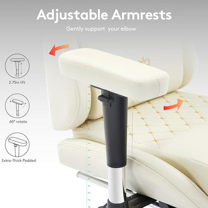 Gaming Chair,Computer Office Chair with Footrest,Massage Lumbar Support and Gel Pad,Ergonomic Reclining Leather Gamer Chair with Headrest,Adjustable Armrests and Spring Cushion Ivory