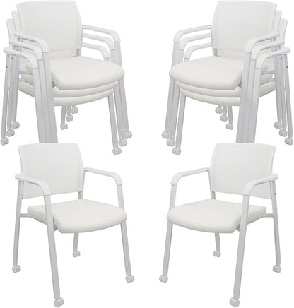 CLATINA Stacking Office Chairs with Wheels | Mesh Back, Thicken Leather Seat and Streamline Armrests, Ergonomic Lumber Support | School, Desk, Guest Reception, Waiting, Conference | Set of 8, White