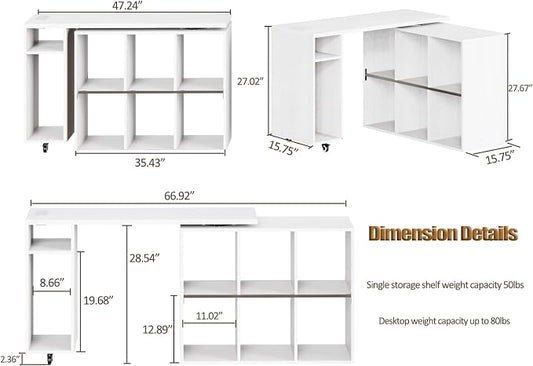 BOSHIRO White L-Shaped Computer Desk Table with Charging Station–Small Study Writing Desk with Backless Storage Shelves, 67” Bedroom Side Table & 360°Rotating Desk