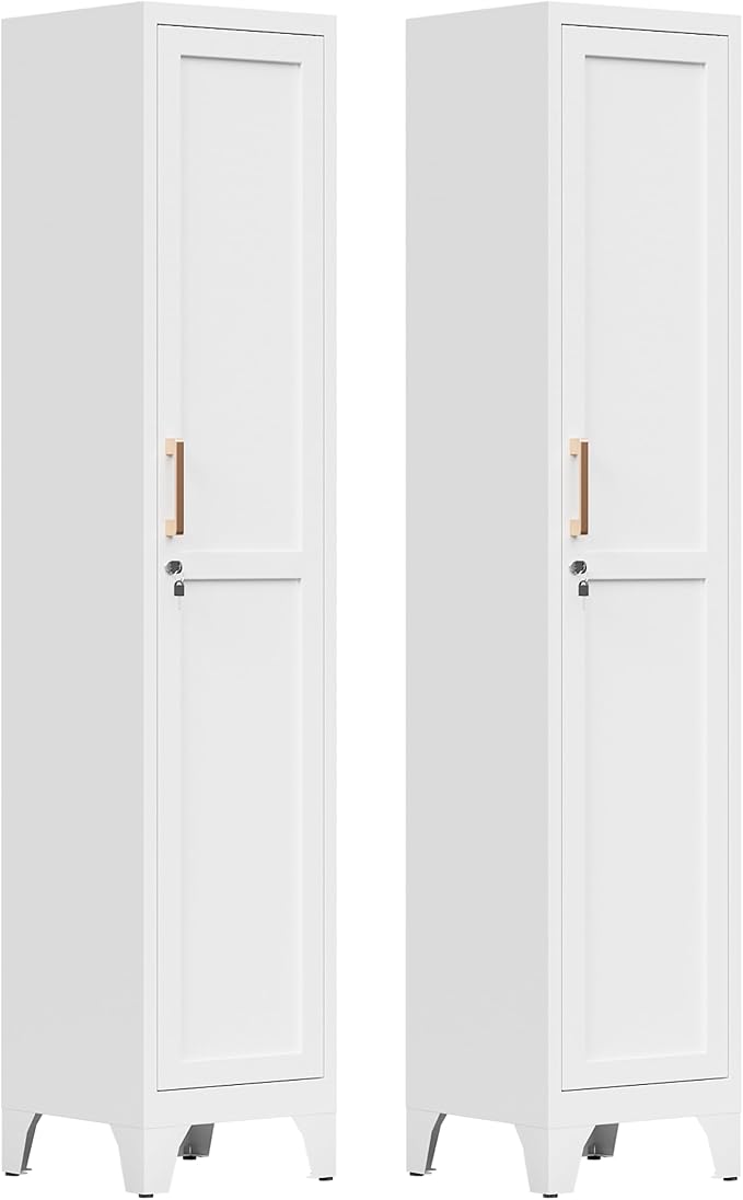 67"H White Metal Locker with 1 Lockable Door and 4 Adjustable Shelves For Employees, 5 Tier Thin Storage Cabinet with Detachable Legs and Gold Handle for Kitchen,Office,Gym,School,Easy Assembly 2Pcs