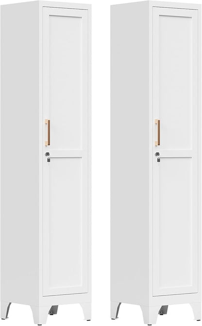 67"H White Metal Locker with 1 Lockable Door and 4 Adjustable Shelves For Employees, 5 Tier Thin Storage Cabinet with Detachable Legs and Gold Handle for Kitchen,Office,Gym,School,Easy Assembly 2Pcs