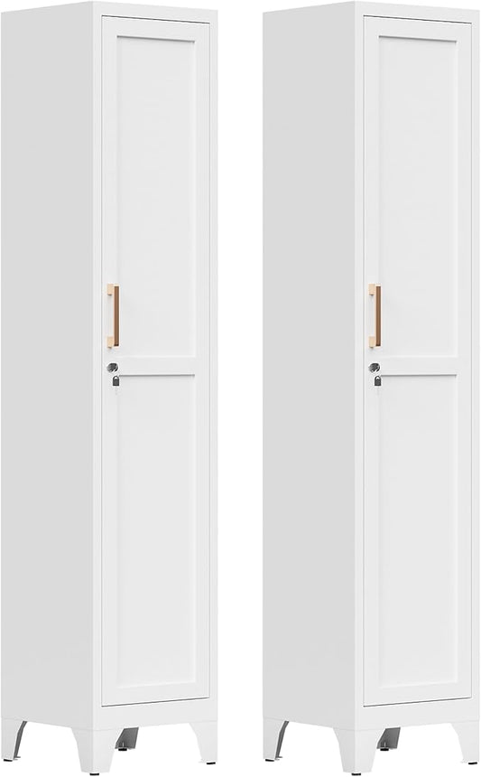 67"H White Metal Locker with 1 Lockable Door and 4 Adjustable Shelves For Employees, 5 Tier Thin Storage Cabinet with Detachable Legs and Gold Handle for Kitchen,Office,Gym,School,Easy Assembly 2Pcs