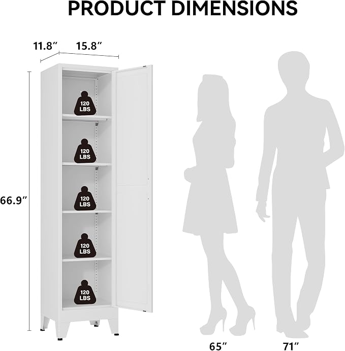 COFaR 67" Tall Bathroom Storage Cabinet, White Metal Storage Cabinet with Magnetic Door & 4 Adjustable Shelves, Slim Freestanding Cupboard for Kitchen, Bathroom, Living Room