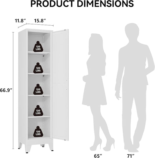 COFaR 67" Tall Bathroom Storage Cabinet, White Metal Storage Cabinet with Magnetic Door & 4 Adjustable Shelves, Slim Freestanding Cupboard for Kitchen, Bathroom, Living Room
